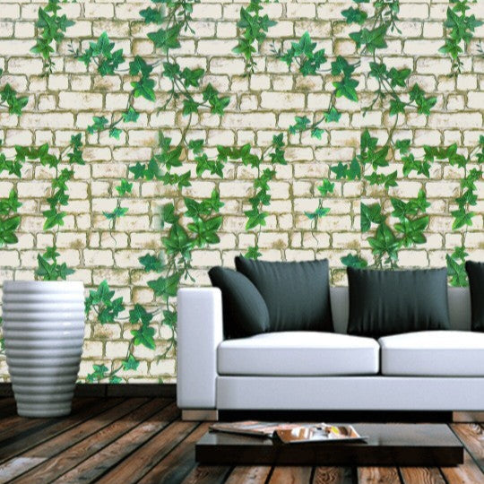 Ivy Brick Wall Sticker Wallpaper | Vintage White Brick with Green Vines | 120 x 180 cm