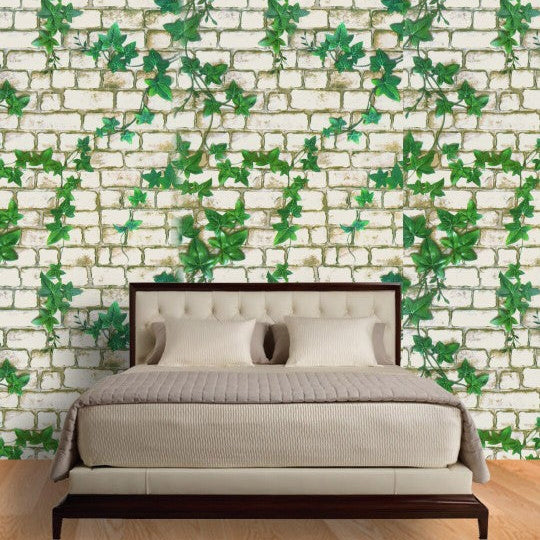 Ivy Brick Wall Sticker Wallpaper | Vintage White Brick with Green Vines | 120 x 180 cm