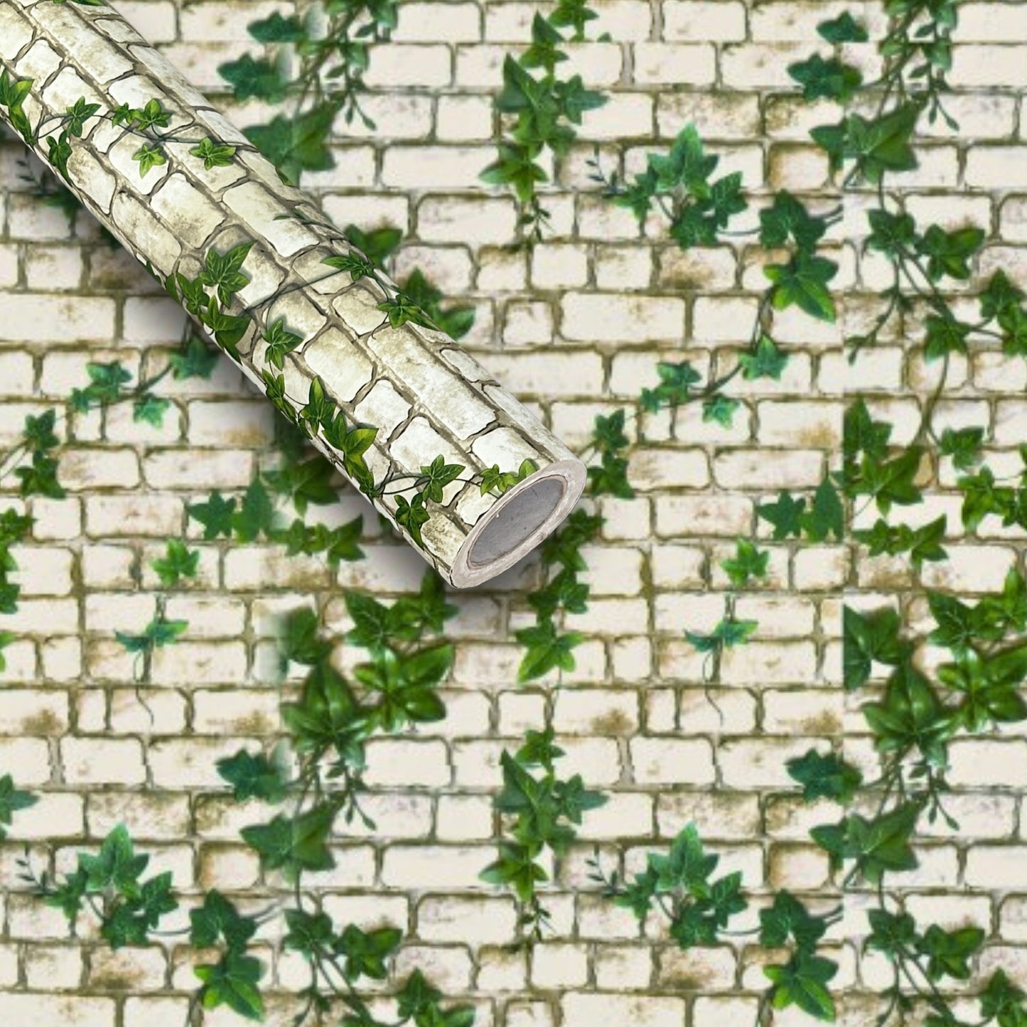 Ivy Brick Wall Sticker Wallpaper | Vintage White Brick with Green Vines | 120 x 180 cm