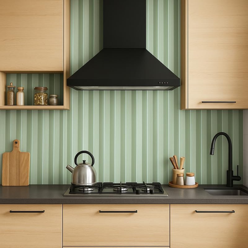 Light Green Stripe Kitchen Stickers Wallpaper PVC Waterproof Wallpeper for Kitchen, Table, Living Room, Bed Room, Cafe Wall | Size - 60 X 200cm | Pack of 1