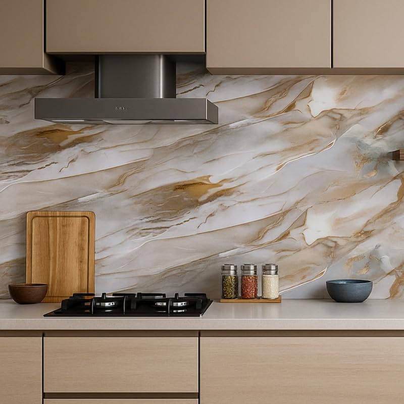Elegant Beige Kitchen Stickers Wallpaper PVC 3D Waterproof Wallpeper for Kitchen, Table, Living Room, Bed Room, Cafe Wall | Size - 60 X 200cm | Pack of 1