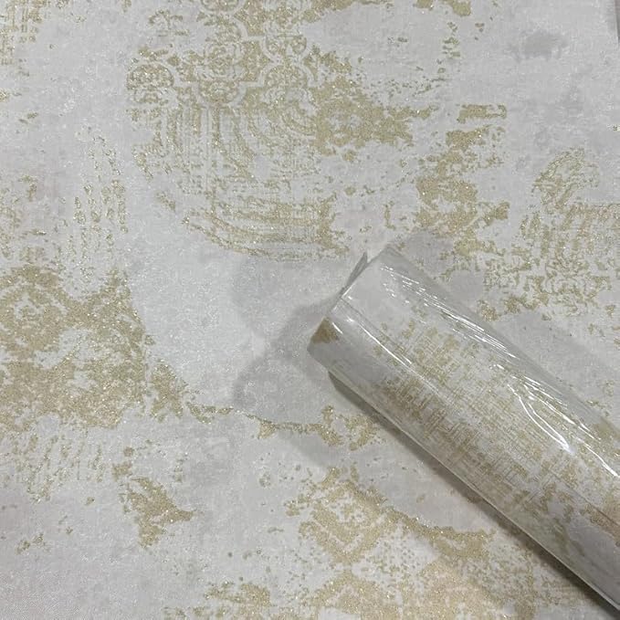 Non-Adhesive Wallpaper | Textured Vintage Gold on Pearl White | Covered Area 50 sq ft