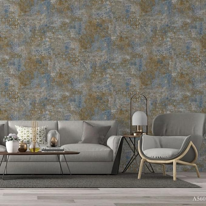 Non-Adhesive Wallpaper | Textured Luxury Aged Gold & Blue Pattern | Covered Area 50 sq ft