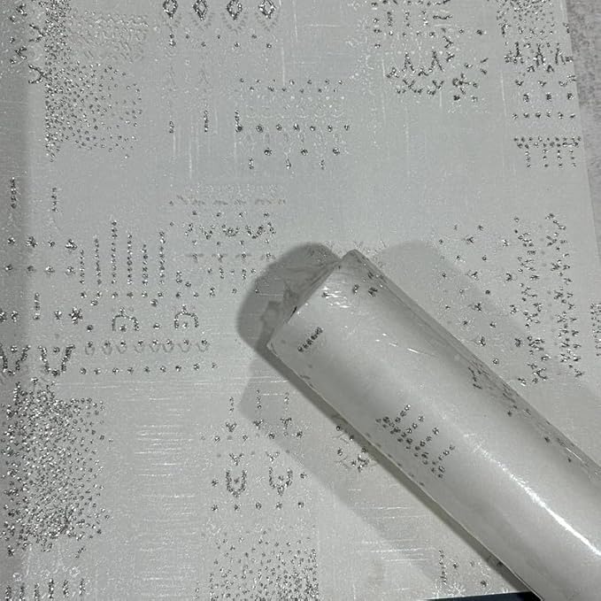 Non-Adhesive Wallpaper | Textured Luxury White with Silver Accents | Covered Area 50 sq ft