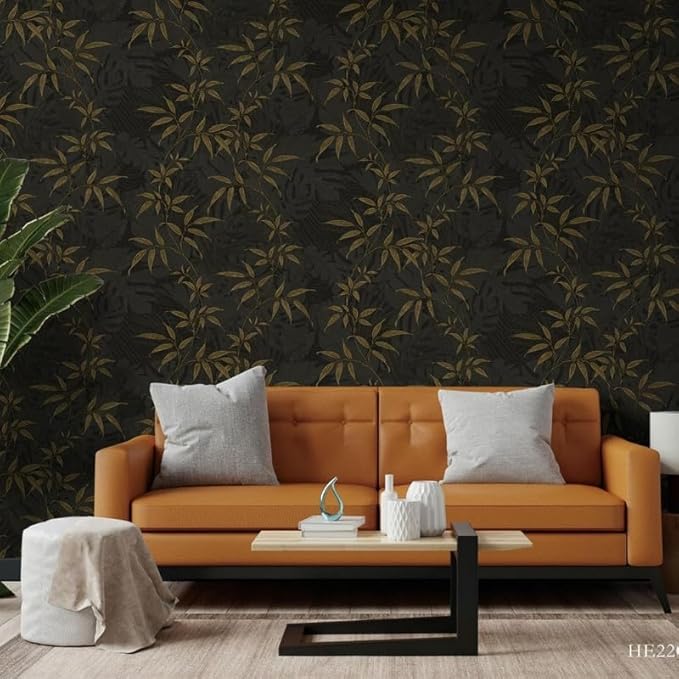 Non-Adhesive Wallpaper | Textured Luxury Black Botanical | Covered Area 50 sq ft