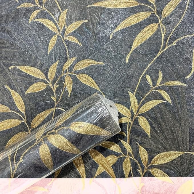 Non-Adhesive Wallpaper | Textured Luxury Black Botanical | Covered Area 50 sq ft