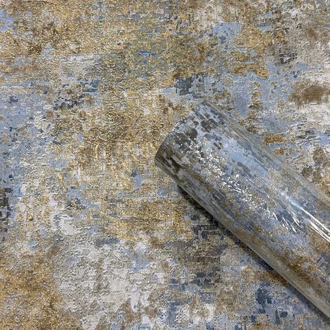 Non-Adhesive Wallpaper | Textured Luxury Aged Gold & Blue Pattern | Covered Area 50 sq ft