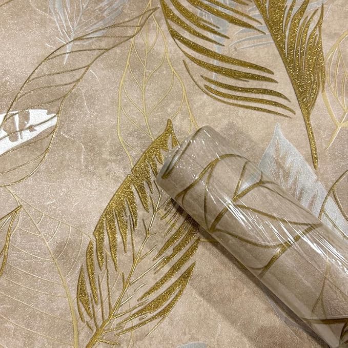 Non-Adhesive Wallpaper | Textured Metallic Leaf Pattern on Warm Beige | Covered Area 50 sq ft
