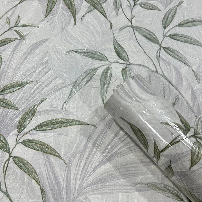 Non-Adhesive Wallpaper | Textured Luxury Botanical Silver & Green | Covered Area 50 sq ft