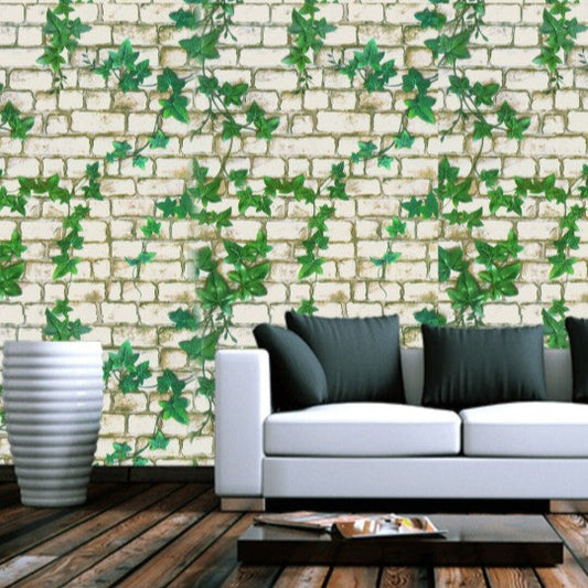 Ivy Brick Wall Sticker Wallpaper | Vintage White Brick with Green Vines | 120 x 180 cm