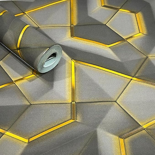 Non-Adhesive Wallpaper |Textured Geometric Graphite Gray with Accents of Luminous Yellow | Covered Area 50 sq ft