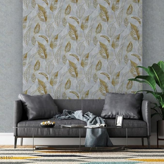 Non-Adhesive Wallpaper | Textured Luxury Gold Botanical on Silver | Covered Area 50 sq ft