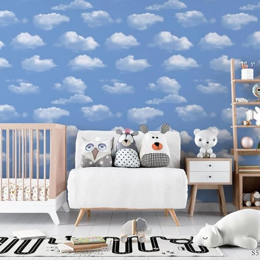Non-Adhesive Wallpaper | Textured Kids Room Cloudy Sky Theme | Covered Area 50 sq ft