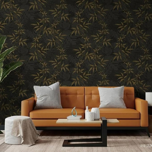 Non-Adhesive Wallpaper | Textured Luxury Black Botanical | Covered Area 50 sq ft