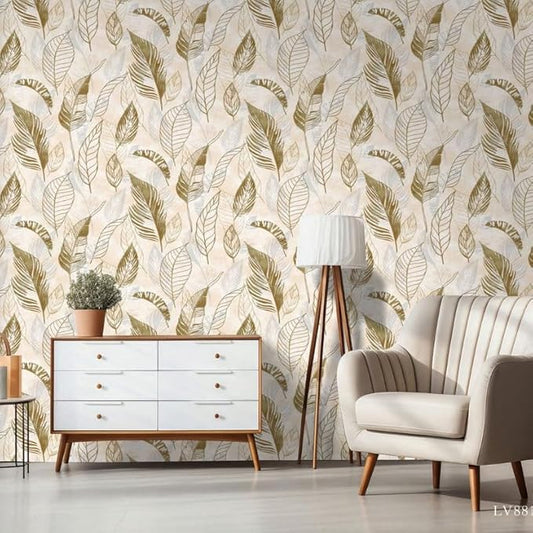 Non-Adhesive Wallpaper | Textured Metallic Leaf Pattern on Warm Beige | Covered Area 50 sq ft